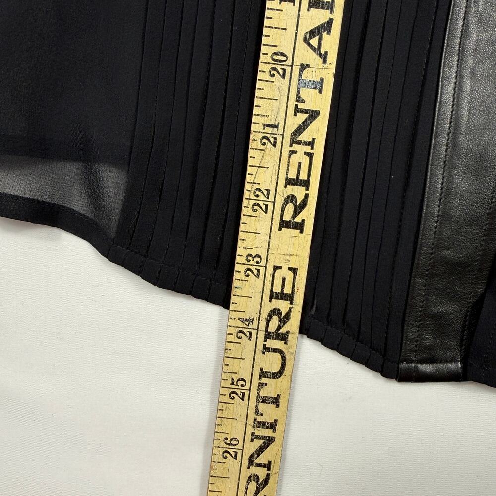 SAGAIE 90s VTG Paris black sheer long-sleeve tuxedo-style blouse leather trim - Picture 15 of 15